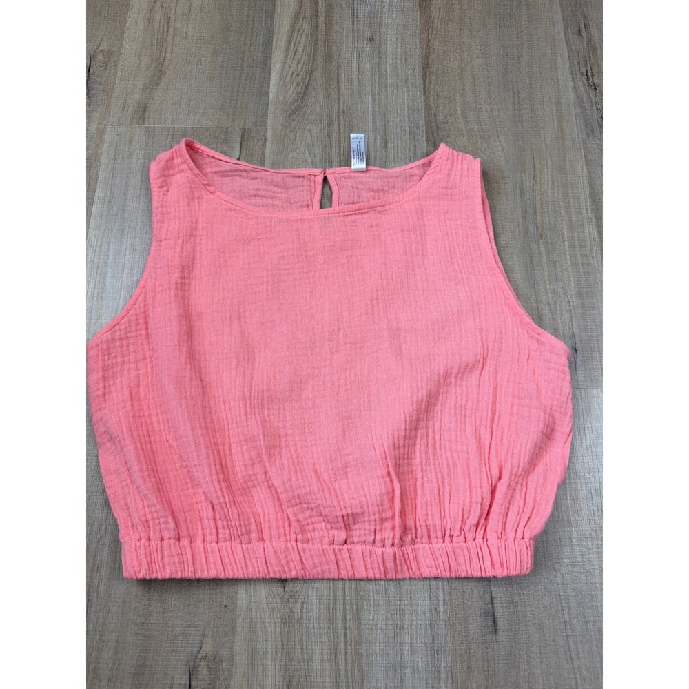 Kimberly C Coral‎ 100% Cotton Gauze Sleeveless Crop Top Elastic Hem Size Large